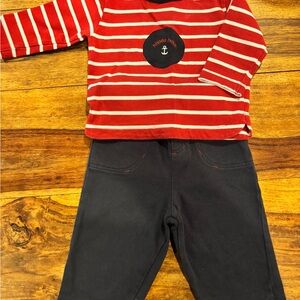 Jacadi Red and White Striped Nautical Pants & Top Set